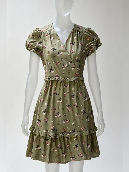 Monteau Dresses & Skirts - Monteau Olive Green Floral Ruffle Mini Dress